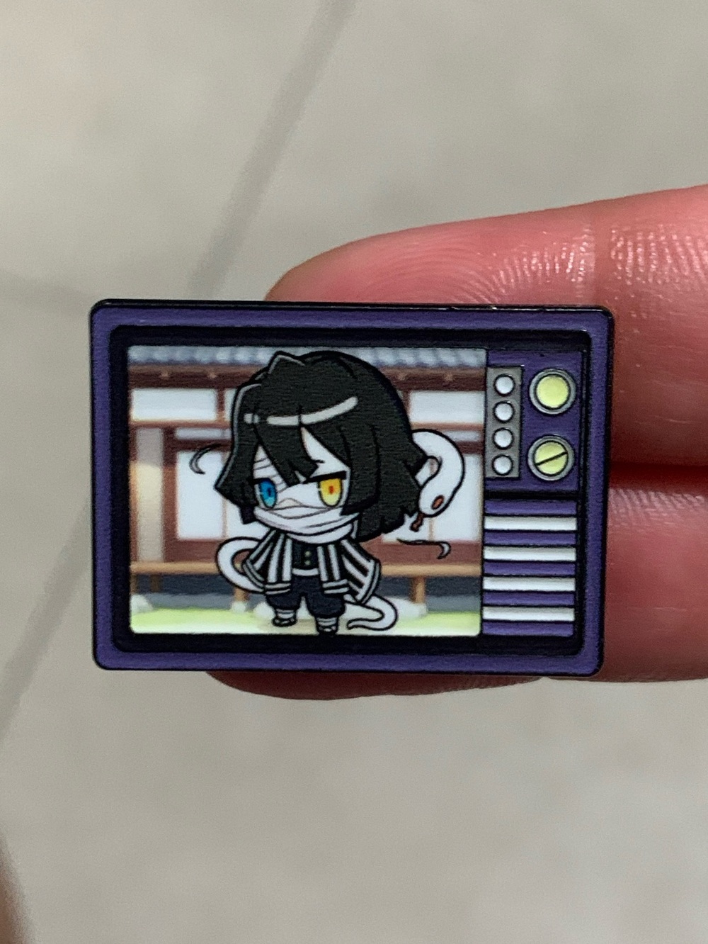 Purple Retro TV Enamel Pin with Chibi Obanai